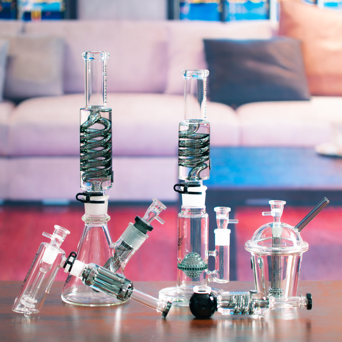 Freeze Pipe glycerin bongs and hand pipes on a table
